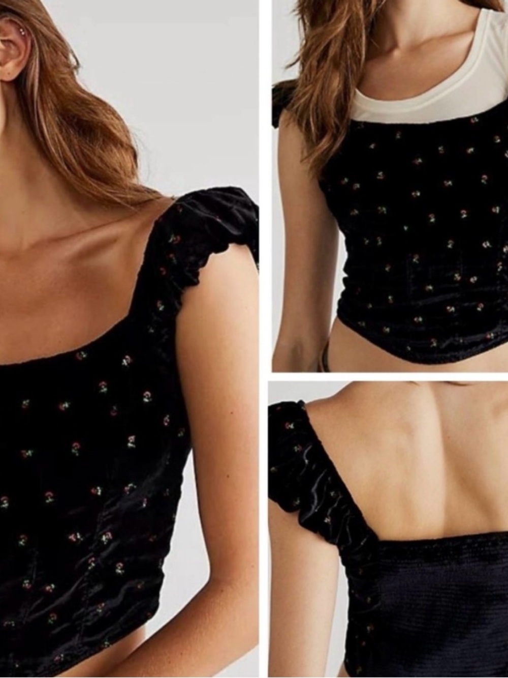 Free People Black Velvet Off-Shoulder Crop Top with Tiny Floral Embroidery